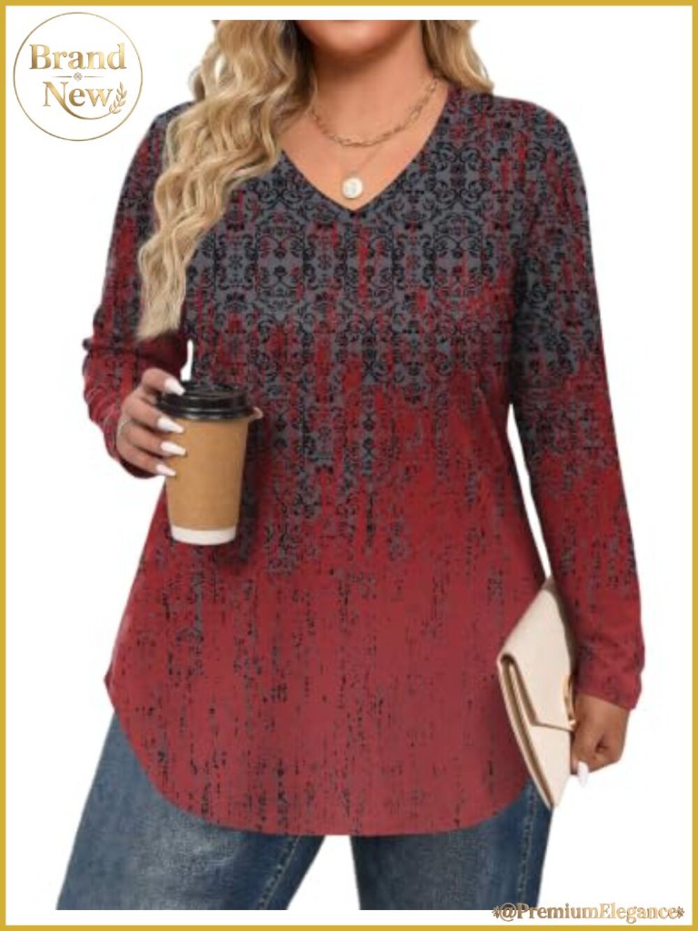Women Plus Size Long Sleeve V-Neck Tunic Blouse with Side Split (95% Polyester